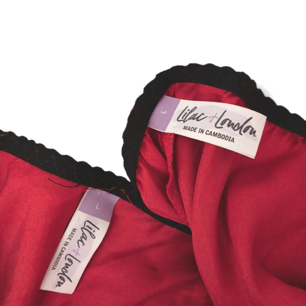 Lilac+London Satin Pajama Cami Set Size L Red Black Lace‎ Top & Shorts Romantic